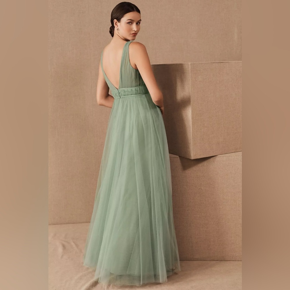 Jenny Yoo Sage Green Tulle V-Neck Evening Gown - Picture 2 of 4